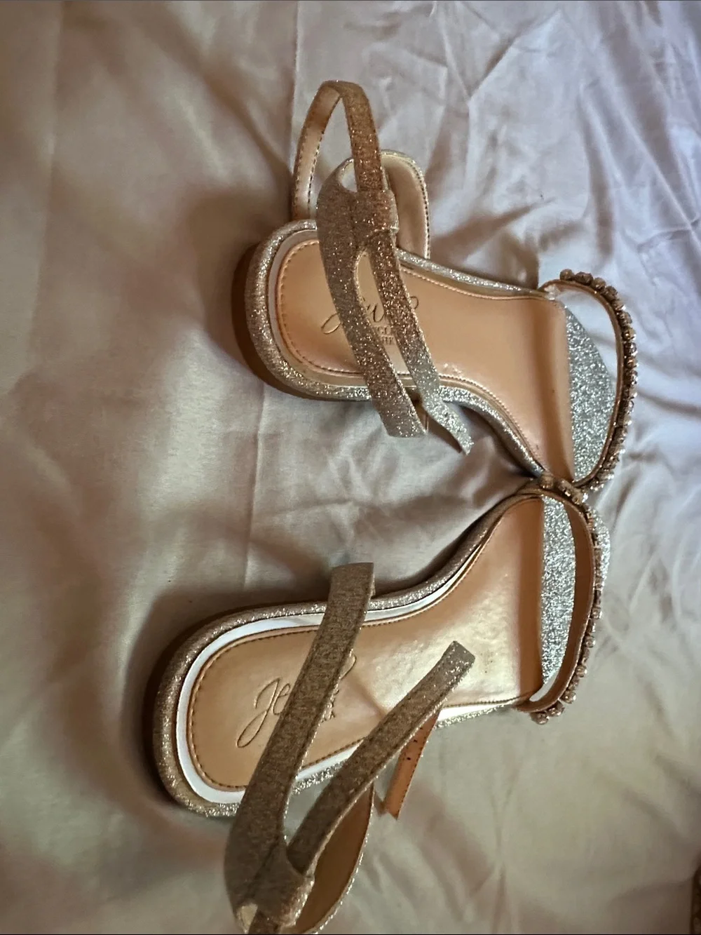 Jewel Badgley Mischka Gold Glitter Jeweled Ankle-Strap Sandals